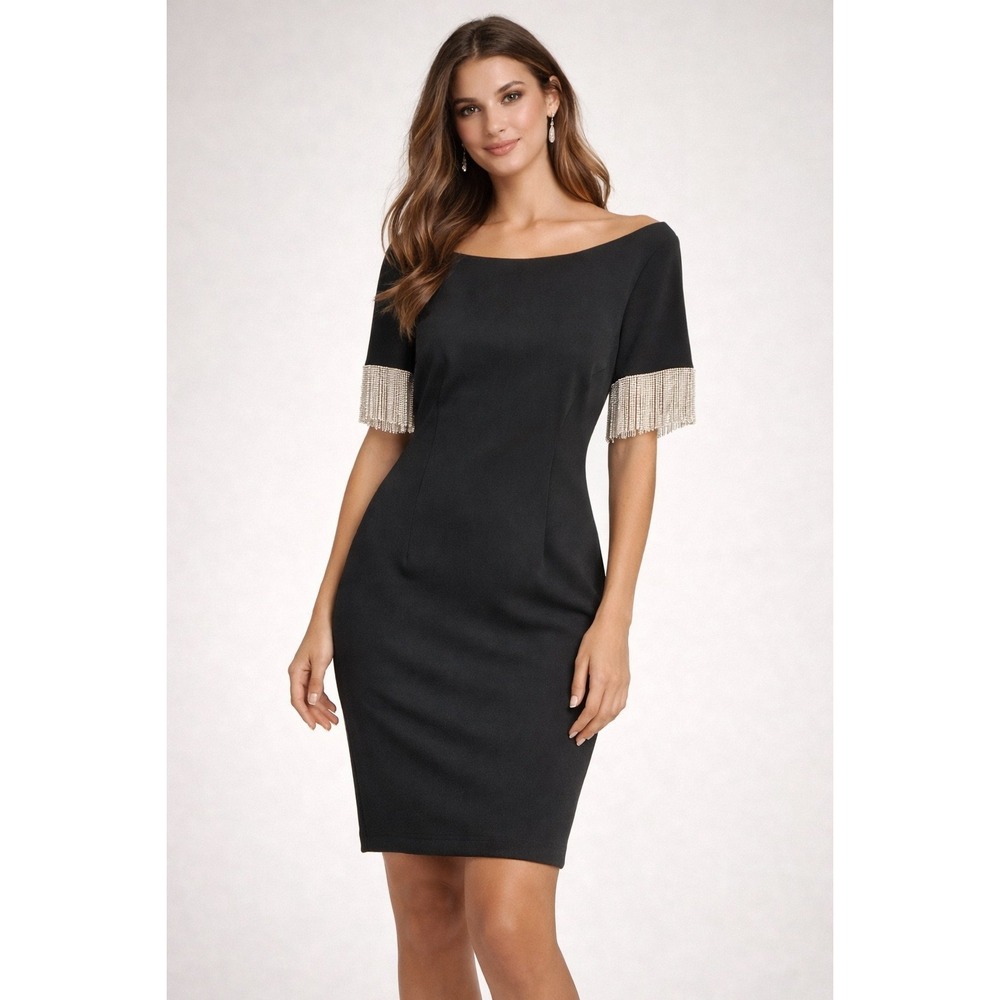 Trina Turk Black Rhinestone Fringe Sheath Dress TD189028 Size 6